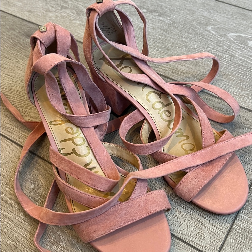 Sam Edelman Pink Suede ankle lace up low heel block heel Sandals size 7 - Picture 7 of 11